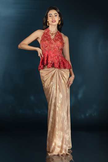Saaj By Ankita_Gold Knit Halter Neck Pre-draped Metallic Saree With Blouse _Online_at_Aza_Fashions