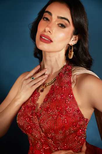 Saaj By Ankita_Gold Knit Halter Neck Pre-draped Metallic Saree With Blouse _at_Aza_Fashions