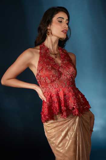 Shop_Saaj By Ankita_Gold Knit Halter Neck Pre-draped Metallic Saree With Blouse 