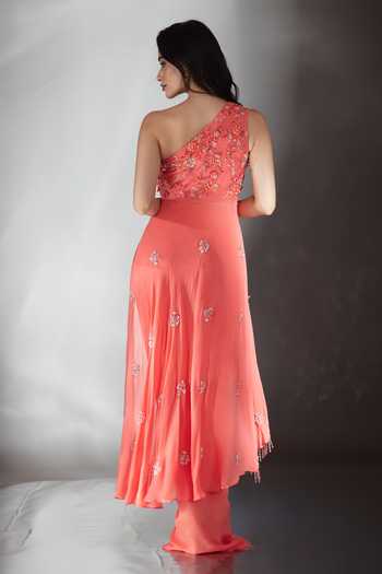 Shop_Saaj By Ankita_Coral Georgette Asymmetric, One Shoulder Embroidered Top And Skirt Set _at_Aza_Fashions