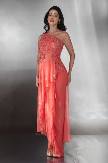 Saaj By Ankita_Coral Georgette Asymmetric, One Shoulder Embroidered Top And Skirt Set _Online_at_Aza_Fashions