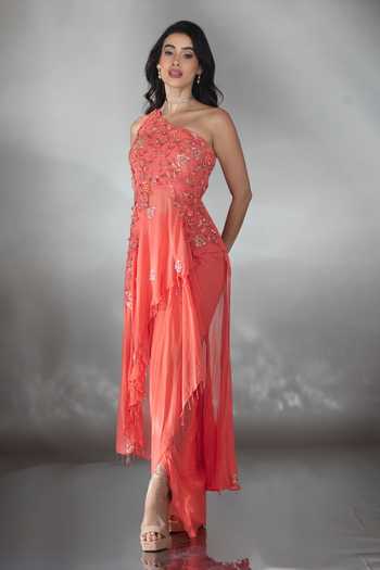 Buy_Saaj By Ankita_Coral Georgette Asymmetric, One Shoulder Embroidered Top And Skirt Set _Online_at_Aza_Fashions