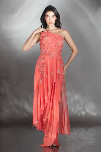 Buy_Saaj By Ankita_Coral Georgette Asymmetric, One Shoulder Embroidered Top And Skirt Set _at_Aza_Fashions