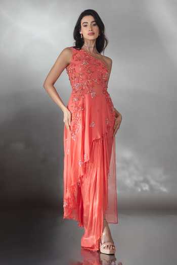 Shop_Saaj By Ankita_Coral Georgette Asymmetric, One Shoulder Embroidered Top And Skirt Set _Online_at_Aza_Fashions
