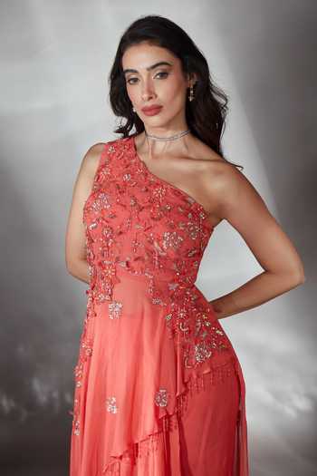 Saaj By Ankita_Coral Georgette Asymmetric, One Shoulder Embroidered Top And Skirt Set _at_Aza_Fashions