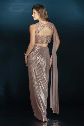 Shop_Saaj By Ankita_Pink Knit Square Neck Metallic Pre-draped Saree With Blouse _at_Aza_Fashions