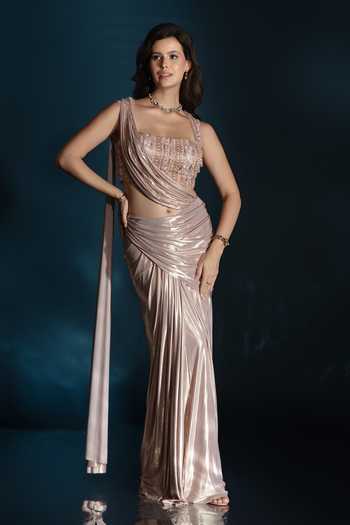 Saaj By Ankita_Pink Knit Square Neck Metallic Pre-draped Saree With Blouse _Online_at_Aza_Fashions