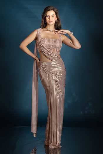 Buy_Saaj By Ankita_Pink Knit Square Neck Metallic Pre-draped Saree With Blouse _Online_at_Aza_Fashions