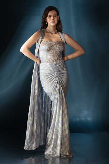Buy_Saaj By Ankita_Blue Knit Embroidery, Sequins, Crystals Square Neck Cape Skirt Set _at_Aza_Fashions