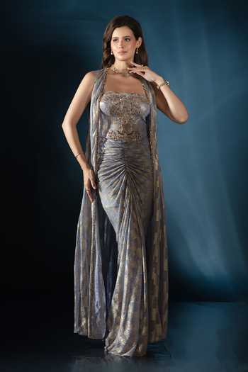Saaj By Ankita_Blue Knit Embroidery, Sequins, Crystals Square Neck Cape Skirt Set _Online_at_Aza_Fashions