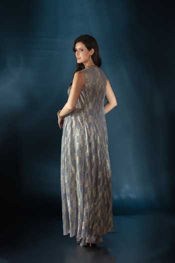 Saaj By Ankita_Blue Knit Embroidery, Sequins, Crystals Square Neck Cape Skirt Set _at_Aza_Fashions