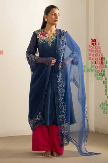 Buy_Radha Sharma_Blue Chanderi, Organza Embroidered Kurta Palazzo Set _at_Aza_Fashions