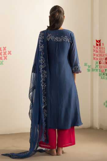 Shop_Radha Sharma_Blue Chanderi, Organza Embroidered Kurta Palazzo Set _at_Aza_Fashions