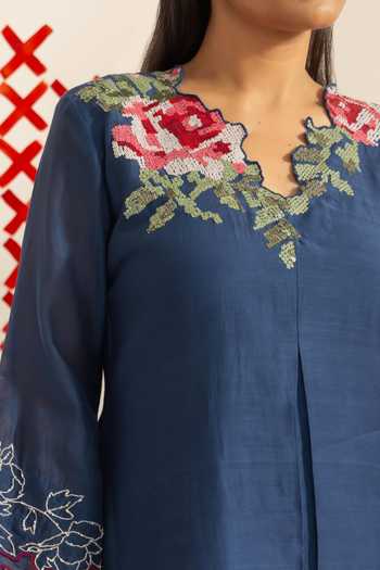 Radha Sharma_Blue Chanderi, Organza Embroidered Kurta Palazzo Set _at_Aza_Fashions