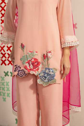 Radha Sharma_Peach Georgette, Crepe, Organza Border Embroidered Kurta Set _Online_at_Aza_Fashions