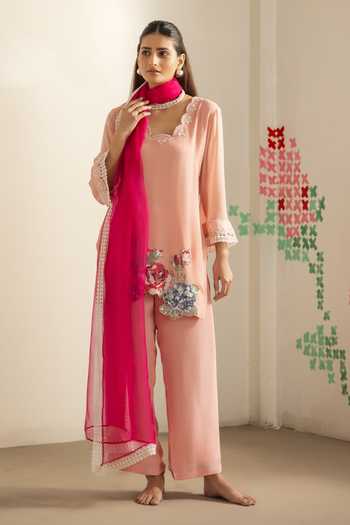 Buy_Radha Sharma_Peach Georgette, Crepe, Organza Border Embroidered Kurta Set _at_Aza_Fashions