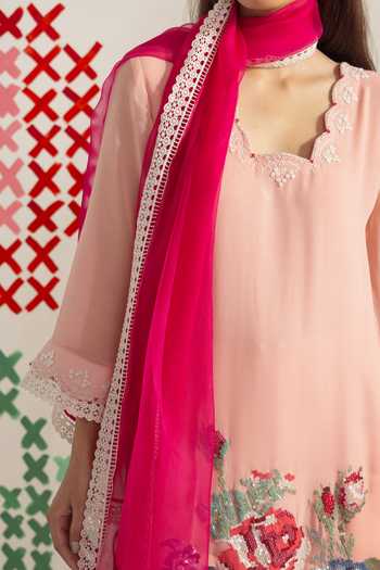 Buy_Radha Sharma_Peach Georgette, Crepe, Organza Border Embroidered Kurta Set _Online_at_Aza_Fashions