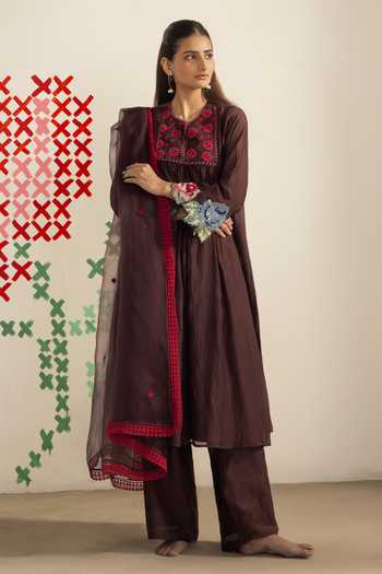Buy_Radha Sharma_Brown Chanderi, Organza Round Neck Embroidered Kurta Set _Online_at_Aza_Fashions