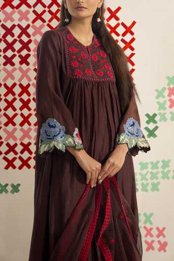 Shop_Radha Sharma_Brown Chanderi, Organza Round Neck Embroidered Kurta Set _Online_at_Aza_Fashions