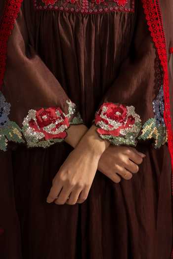 Radha Sharma_Brown Chanderi, Organza Round Neck Embroidered Kurta Set _at_Aza_Fashions