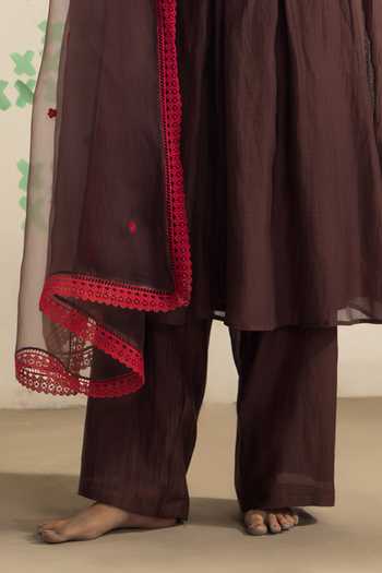 Buy_Radha Sharma_Brown Chanderi, Organza Round Neck Embroidered Kurta Set 