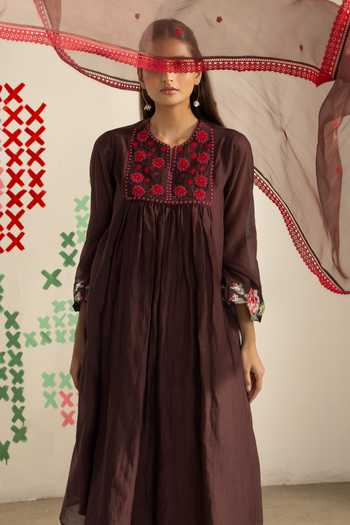Shop_Radha Sharma_Brown Chanderi, Organza Round Neck Embroidered Kurta Set 
