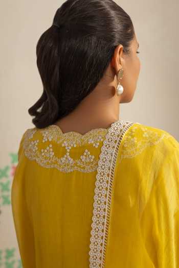 Buy_Radha Sharma_Yellow Chanderi, Organza Neckline Embroidered Kurta Set _Online_at_Aza_Fashions