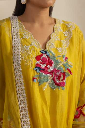Shop_Radha Sharma_Yellow Chanderi, Organza Neckline Embroidered Kurta Set _Online_at_Aza_Fashions
