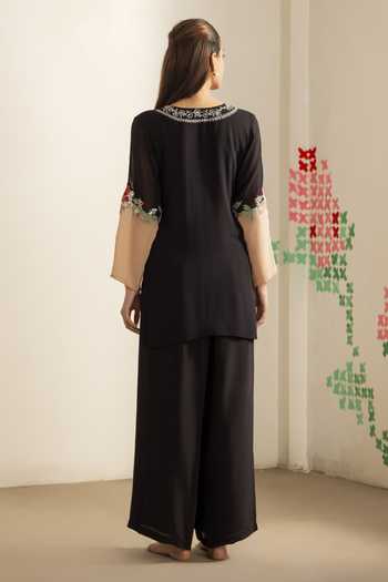Shop_Radha Sharma_Black Georgette, Crepe Round Neck Ombre Embroidered Kurta And Palazzo Set _at_Aza_Fashions