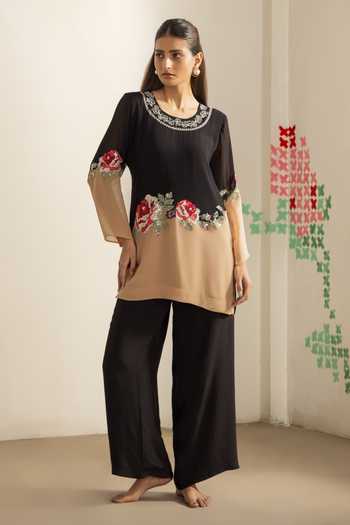 Radha Sharma_Black Georgette, Crepe Round Neck Ombre Embroidered Kurta And Palazzo Set _Online_at_Aza_Fashions