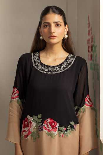 Buy_Radha Sharma_Black Georgette, Crepe Round Neck Ombre Embroidered Kurta And Palazzo Set _Online_at_Aza_Fashions
