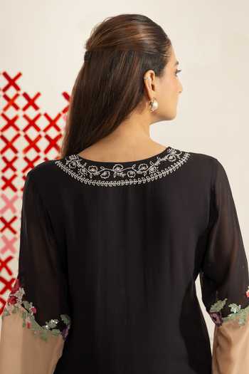 Shop_Radha Sharma_Black Georgette, Crepe Round Neck Ombre Embroidered Kurta And Palazzo Set _Online_at_Aza_Fashions