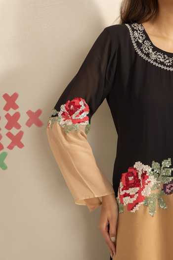 Buy_Radha Sharma_Black Georgette, Crepe Round Neck Ombre Embroidered Kurta And Palazzo Set 