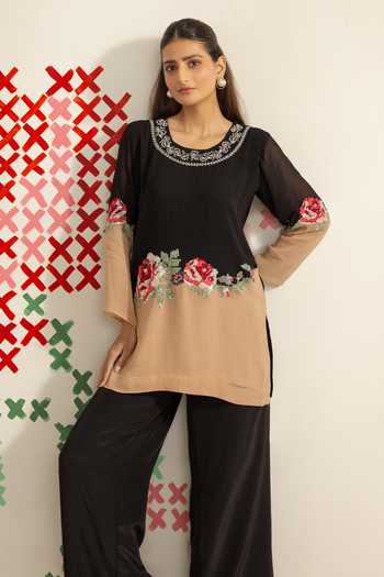 Shop_Radha Sharma_Black Georgette, Crepe Round Neck Ombre Embroidered Kurta And Palazzo Set 