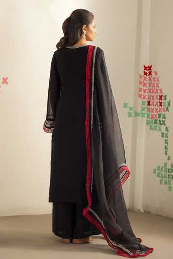 Shop_Radha Sharma_Black Georgette, Crepe, Organza Keyhole Neck Embroidered Kurta Set _at_Aza_Fashions