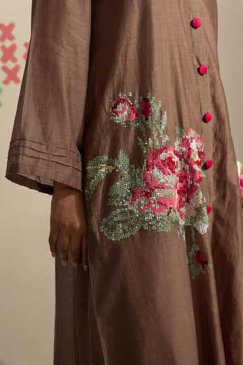 Radha Sharma_Brown Chanderi Mandarin Collar Embroidered Kurta And Pant Set _Online_at_Aza_Fashions
