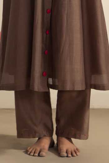 Buy_Radha Sharma_Brown Chanderi Mandarin Collar Embroidered Kurta And Pant Set _Online_at_Aza_Fashions
