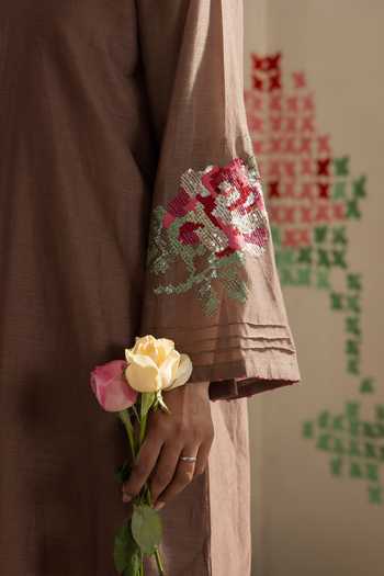 Shop_Radha Sharma_Brown Chanderi Mandarin Collar Embroidered Kurta And Pant Set _Online_at_Aza_Fashions