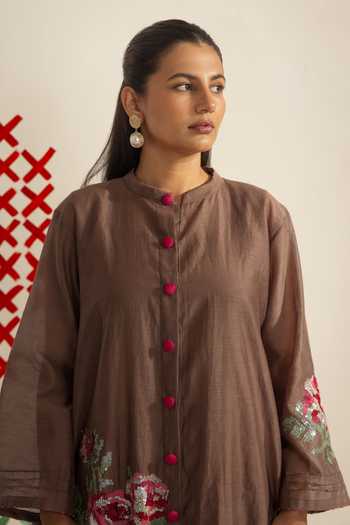 Radha Sharma_Brown Chanderi Mandarin Collar Embroidered Kurta And Pant Set _at_Aza_Fashions