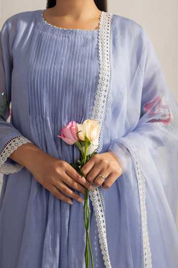 Radha Sharma_Blue Chanderi, Organza Round Neck Pleated Kurta Set _Online_at_Aza_Fashions