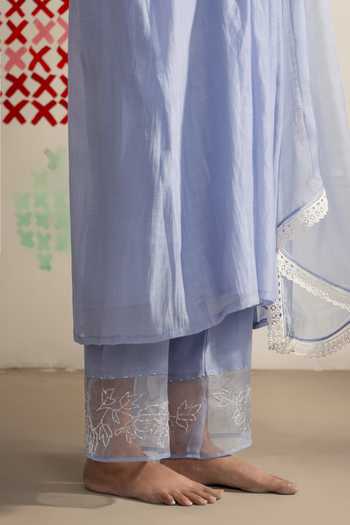 Buy_Radha Sharma_Blue Chanderi, Organza Round Neck Pleated Kurta Set _Online_at_Aza_Fashions