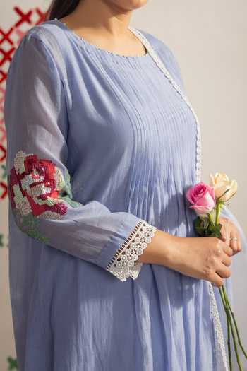 Shop_Radha Sharma_Blue Chanderi, Organza Round Neck Pleated Kurta Set _Online_at_Aza_Fashions