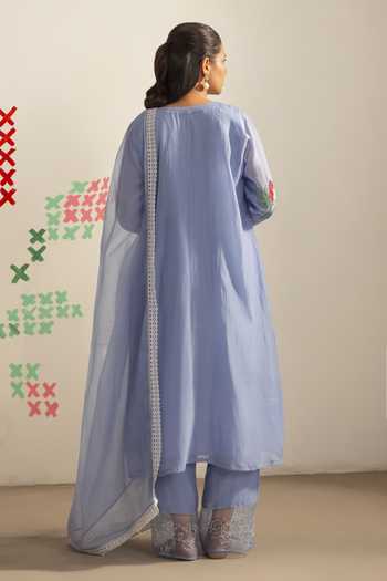 Shop_Radha Sharma_Blue Chanderi, Organza Round Neck Pleated Kurta Set _at_Aza_Fashions