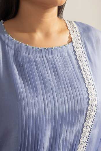 Radha Sharma_Blue Chanderi, Organza Round Neck Pleated Kurta Set _at_Aza_Fashions