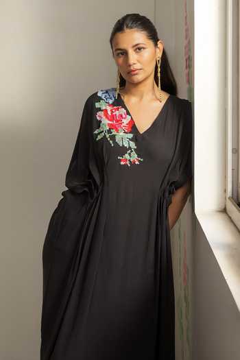 Radha Sharma_Black Crepe V-neck Placement Embroidered Kaftan _Online_at_Aza_Fashions