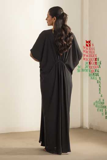 Shop_Radha Sharma_Black Crepe V-neck Placement Embroidered Kaftan _at_Aza_Fashions