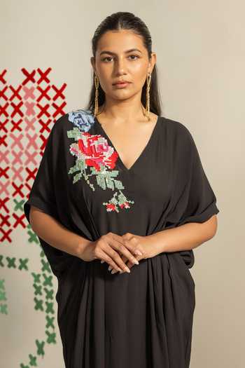 Shop_Radha Sharma_Black Crepe V-neck Placement Embroidered Kaftan _Online_at_Aza_Fashions