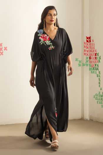 Shop_Radha Sharma_Black Crepe V-neck Placement Embroidered Kaftan 
