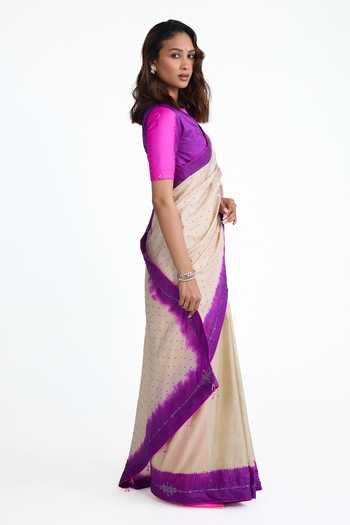 Buy_Naina Jain_Purple Silk V-neck And Bandhani Saree With Blouse _Online_at_Aza_Fashions