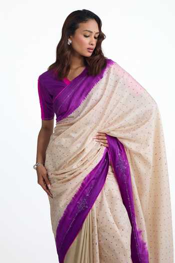 Shop_Naina Jain_Purple Silk V-neck And Bandhani Saree With Blouse _Online_at_Aza_Fashions